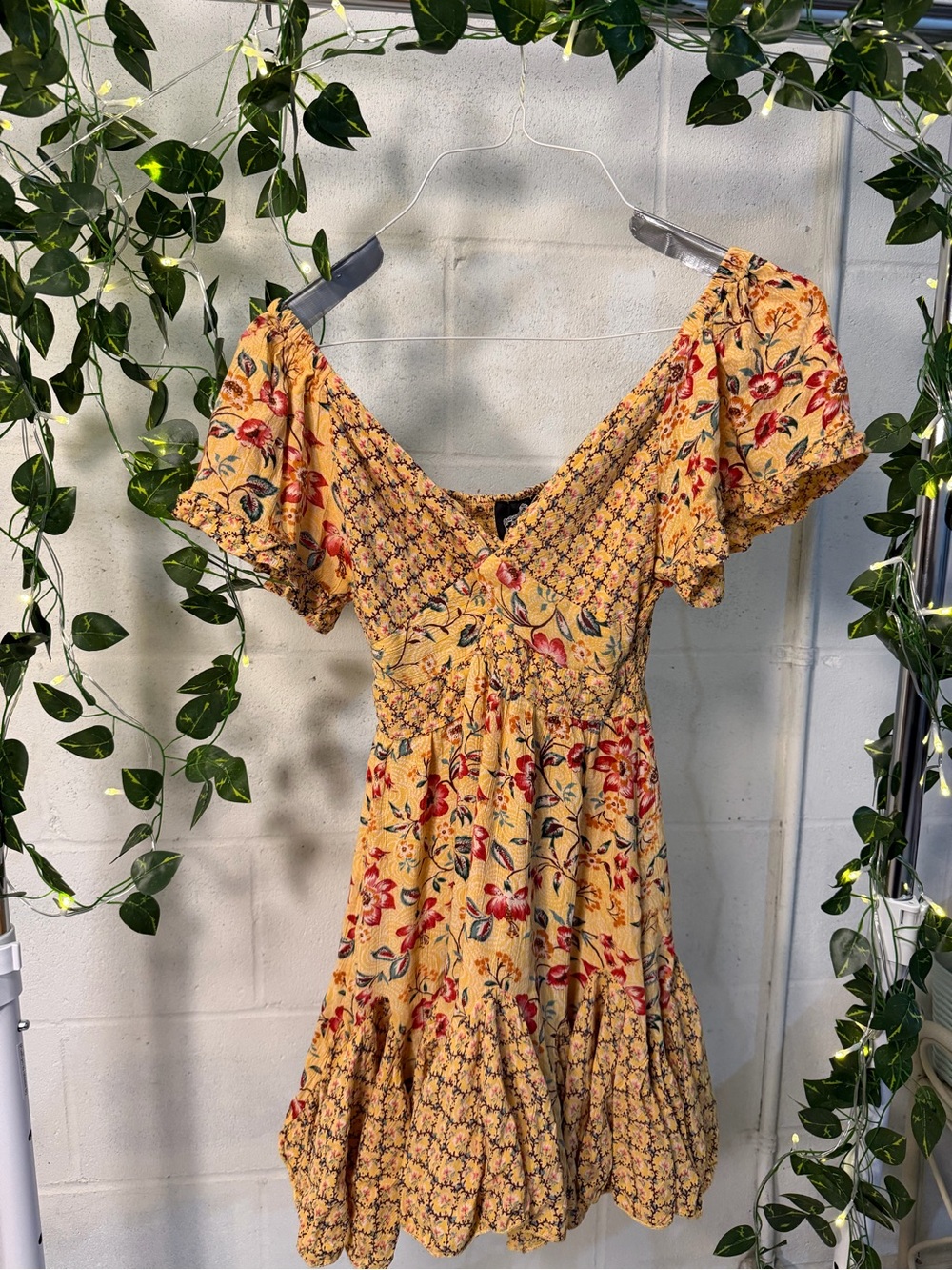 Angie Yellow Floral Mini Dress with Puff Sleeves